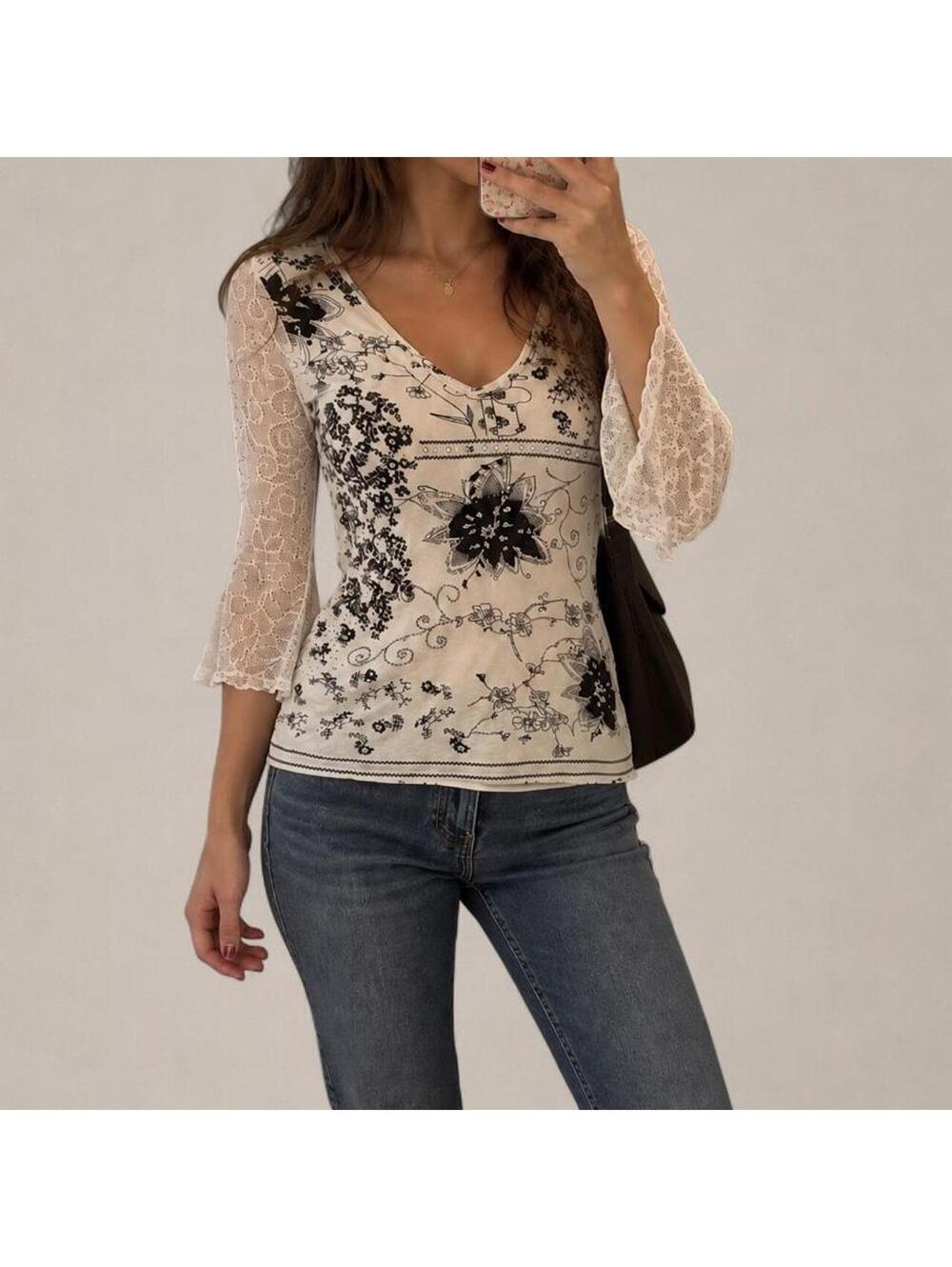 BILA Black & White Floral Bell Sleeve Top — XL
